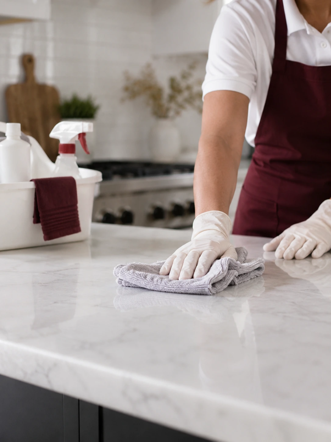 Professional cleaner in a burgundy apron polishing a marble kitchen countertop