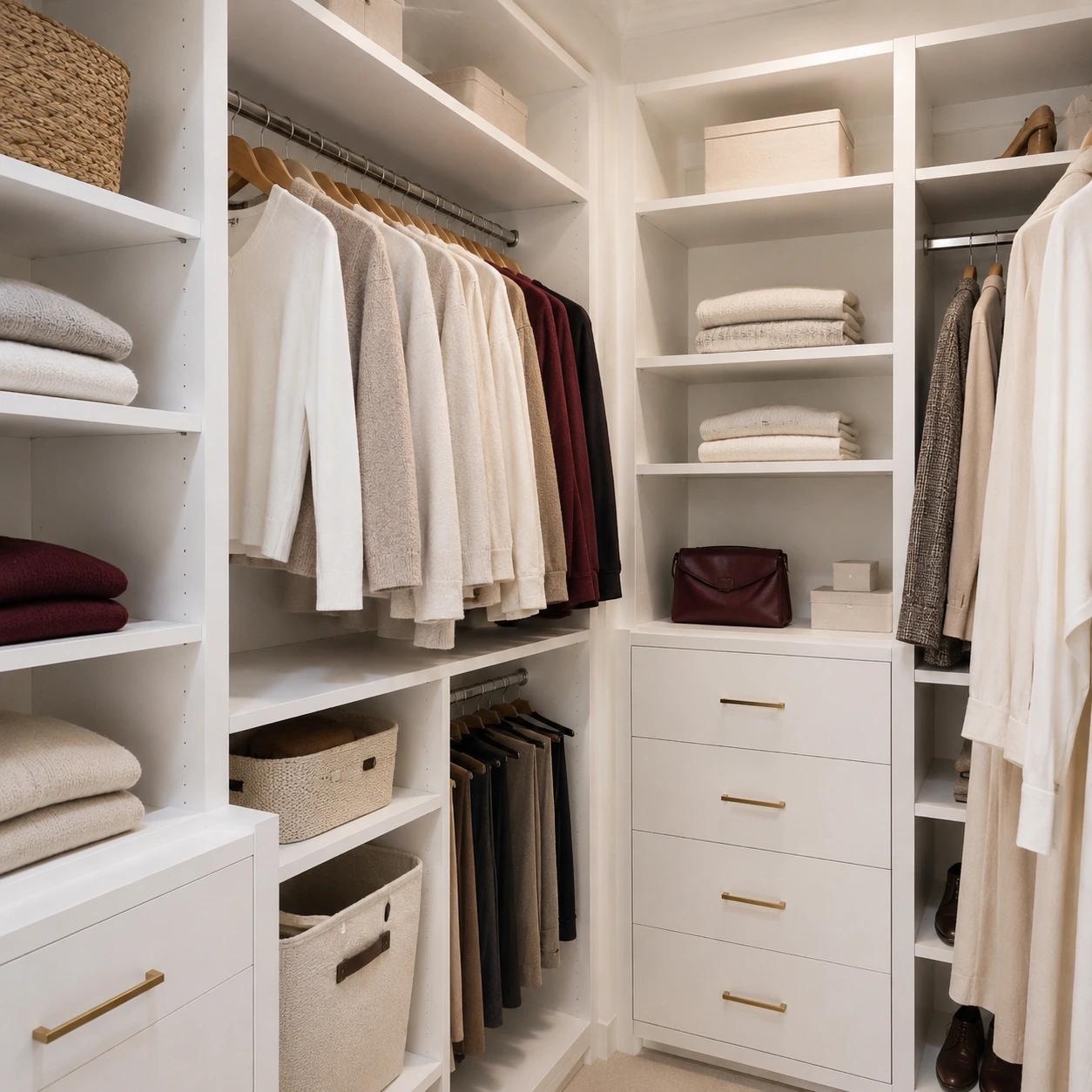 Organized walk-in closet with folded clothing and warm wood accents