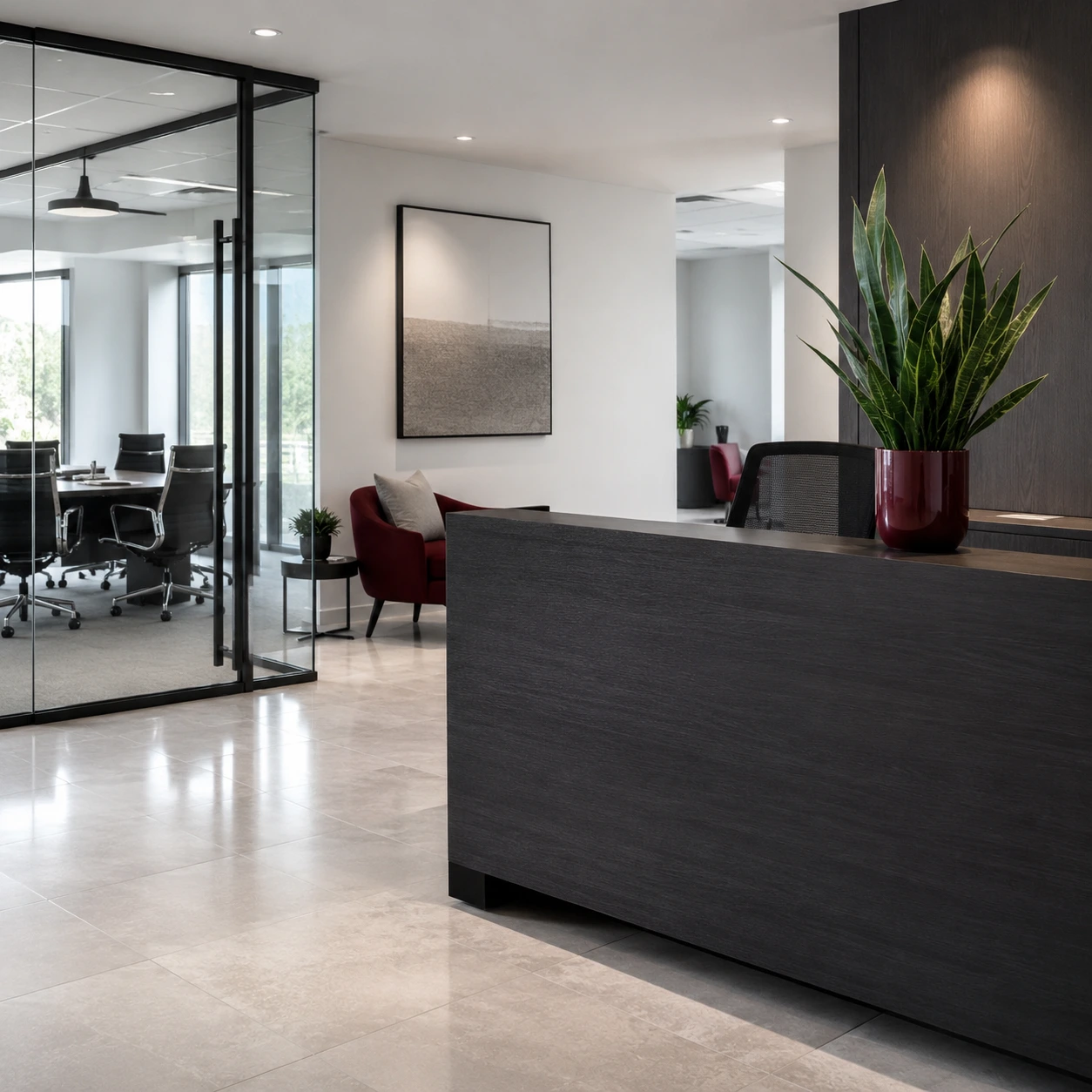 Modern minimalist office lobby with a dark reception desk