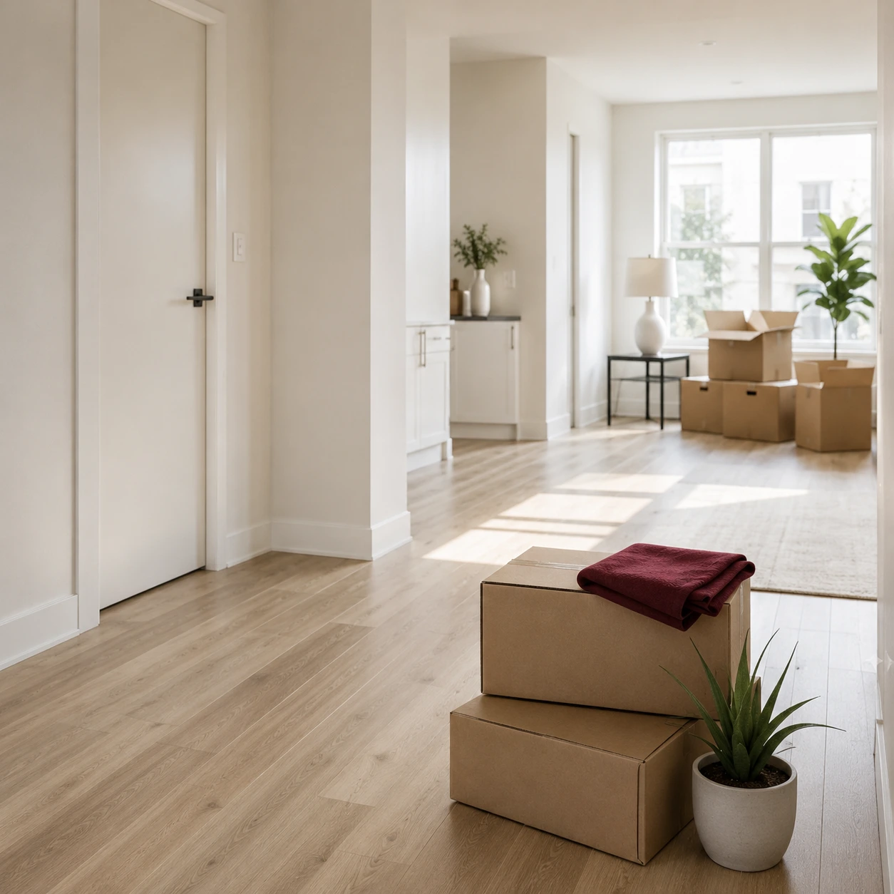 Bright empty apartment with moving boxes by the door