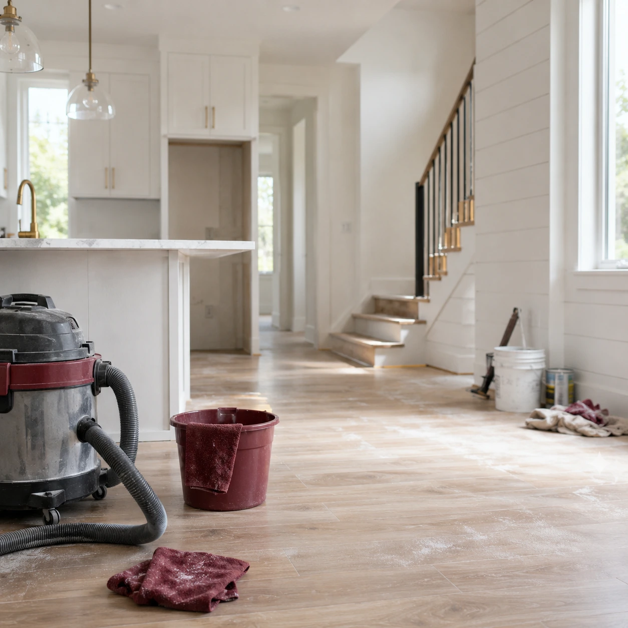 Bright kitchen after renovation with cleaning equipment ready for cleanup