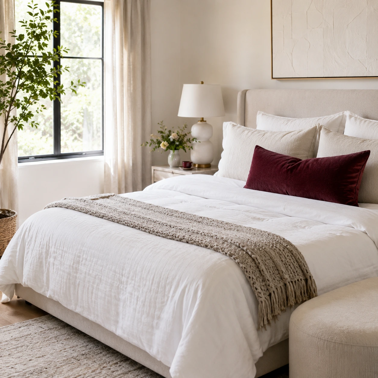 Neatly made bed in a softly lit minimalist bedroom